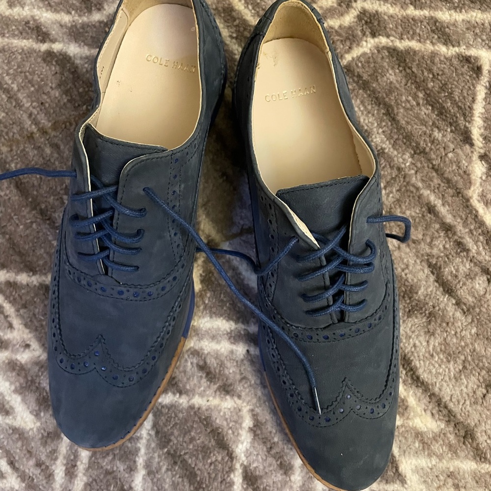 Cole Haan Blue Suede Oxfords with Brogue Design